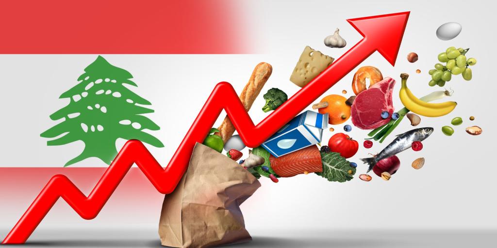 flag of lebanon in the background with a paper sack of groceries with food flying out of it and a red arrow trending upwards