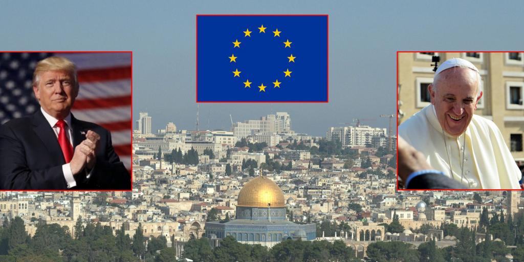 Jerusalem with popouts of Trump, the Pope, and an EU flag