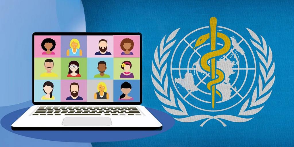 online meeting on a laptop next to World Health Organization logo