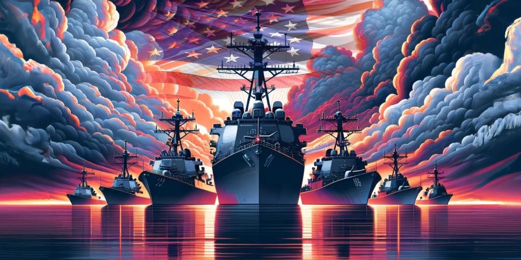 US Naval ships with a dark and gloomy sky and American flag in the sky