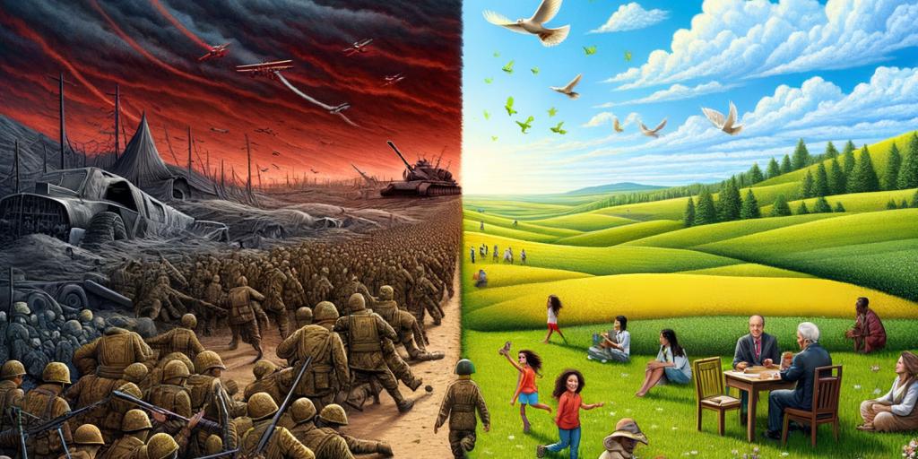 illustration showing a drastic contrast between war and peace with soldiers hunkered down on the left and peaceful picnickers on the right