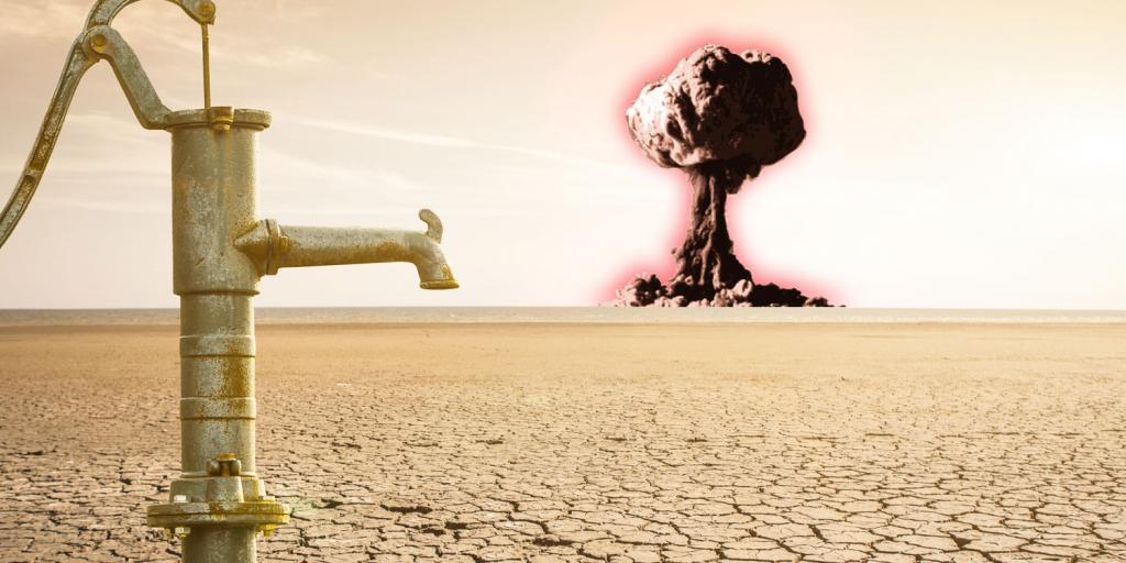 water pump on parched earth with nuclear blast on horizon