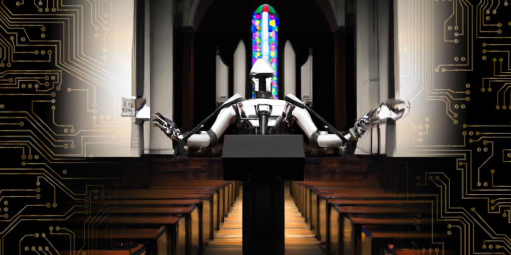 AI generated image showing a robot preaching in a church