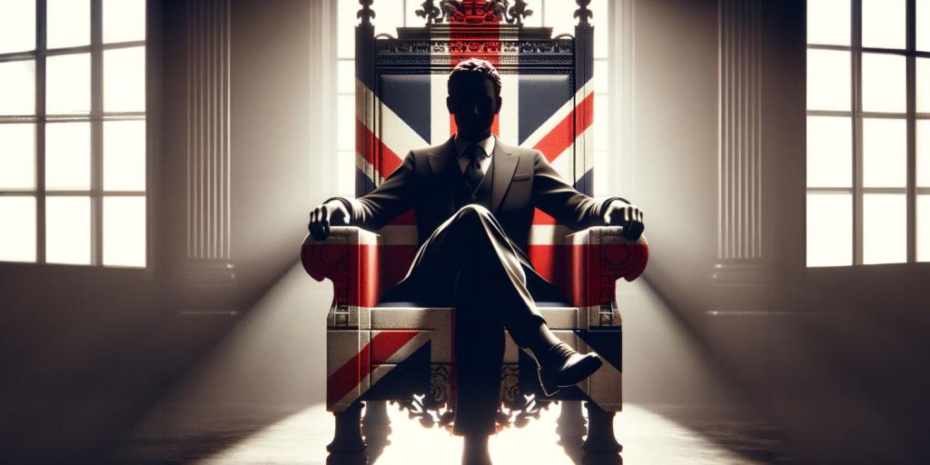 shadowy figure sitting on a throne with a Union Jack pattern