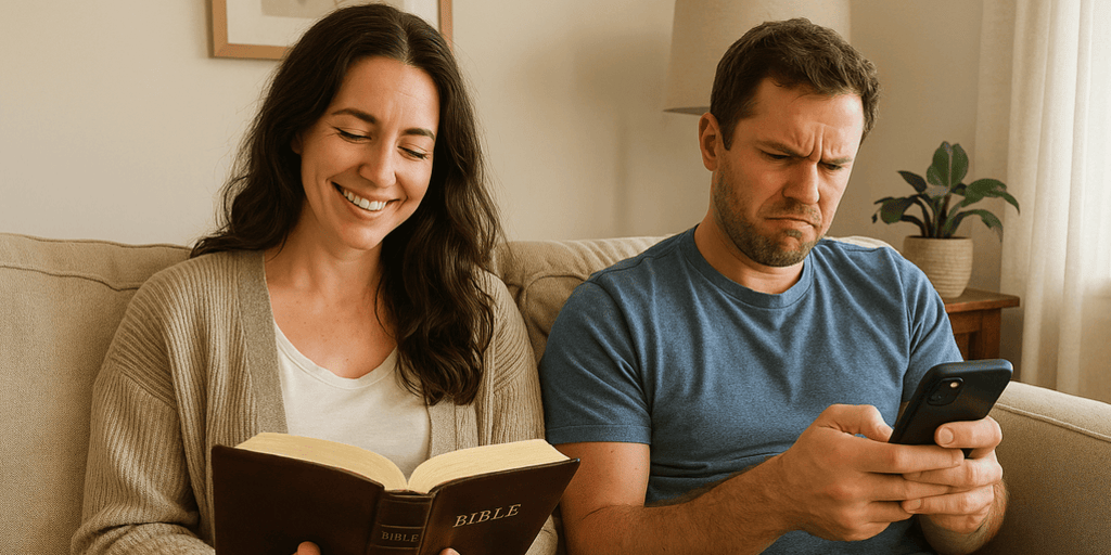 a scene in a living room. On a couch, a woman, casually dressed but well kept, is reading a Bible. She is smiling contentedly. Next to her, a man is scrolling on his cell phone. He is frowning in frustration.