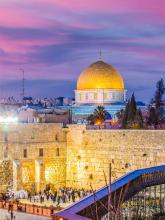 Jerusalem at twilight with dome of the rock and wailing wall