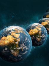 Multiple Earths floating in space multiverse concept