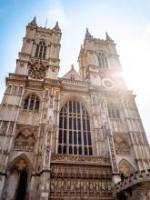 Westminster Abbey backlit by sunrise