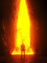 Man facing fiery pit