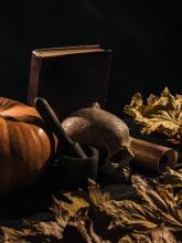 Halloween table with skull and pumpkin