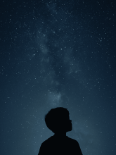 A boy gazing up at a night sky filled with stars