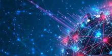A glowing digital globe of city skyscrapers is criss-crossed by bright pink and blue network lines against a dark backdrop of stylized data nodes.