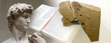 Michealangelos statue of David and a Bible and the Tel Dan Stele tablet