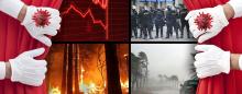 curtains pulled back revealing fires floods crashing economy and riot police