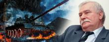 Former Polish President Lech Walesa and a tank driving across a burning battlefield
