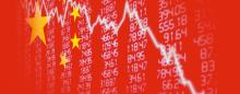 Chinese flag with stock numbers and a downward trending arrow