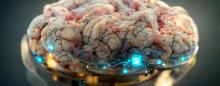 brain on a reflective surface with electronics running through it