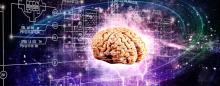 human brain with technical schematics and outer space in the background