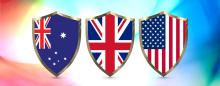 three sheilds showing the flags of Australia, the UK and the US