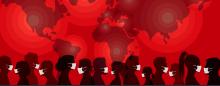 people wearing masks  in front of a red world map