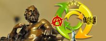 Statue of Plato and cycle showing monarchy, oligarchy, democracy and anarchy
