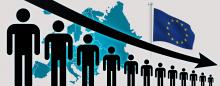 trending downward arrow showing population decline with Europe continent and flag in background