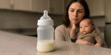 A pensive mother with her baby looks at a near-empty bottle of baby formula