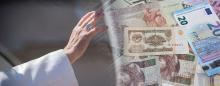 popes hand stretched towards different types of currency