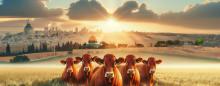 artistic rendition of five red heifers standing in a field near the temple mount