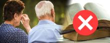 Elderly couple shown from behind and a Bible with a red x over it