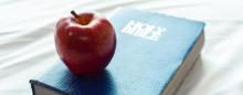 an apple placed on top of a Bible