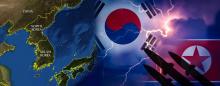 flags and map of Korea and missile silhouette