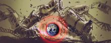 the earth with red waves emanating from it with an illustration of a train wreck in the background