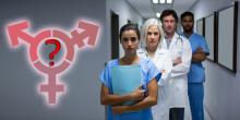 Stern Doctors or Researchers with red question mark and transgender symbol