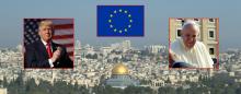 Jerusalem with popouts of Trump, the Pope, and an EU flag