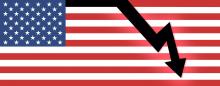 U.S. flag and sharply downward trending arrow