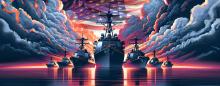 US Naval ships with a dark and gloomy sky and American flag in the sky