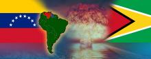 flags of Venezuela and Guyana with a map of South America and an explosion
