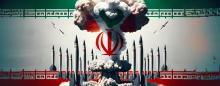 Iranian flag with elements of a mushroom cloud and missiles