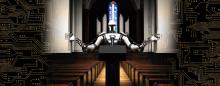 AI generated image showing a robot preaching in a church