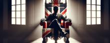 shadowy figure sitting on a throne with a Union Jack pattern