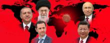 world map with corona virus over the middle east surrounded by world leaders