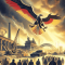 Artwork of an eagle, with coloration resembling that of the German flag, flying over soldiers walking into a damaged city 
